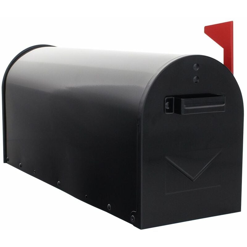 Image of Cassetta postale in stile americano Mailbox Nera, in lamiera d'acciaio, di grande capienza, con bandierina rossa pieghevole, montaggio con supporto