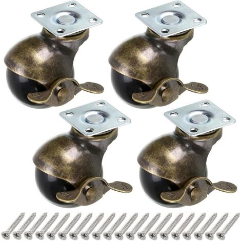 Roue à Bille en Bronze, 50mm Roulettes à Bille, Roulettes à Boule Arrondie avec Frein, Remplacement pour Meubles, Canapés, Chaises, Armoires, 4 Pcs