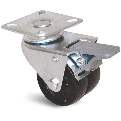 Roue à double galet 50mm à platine carrée pivotante avec frein - GUITEL HERVIEU - 861011