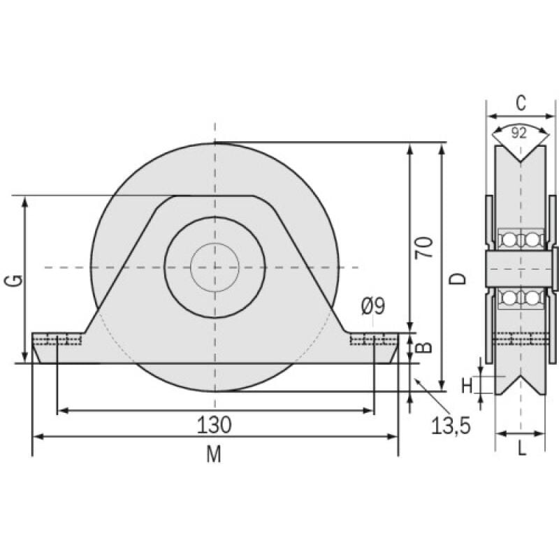 Roue à support intérieur à gorge triangulaire 336 v diamètre 120 mm - 2 roulements pour roues à roulements à billes Communello