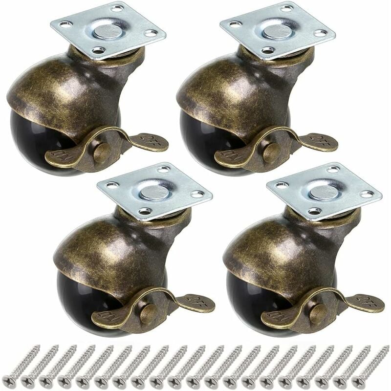 Aougo - Roue à Bille en Bronze, 50mm Roulettes à Bille, Roulettes à Boule Arrondie avec Frein, Remplacement pour Meubles, Canapés, Chaises, Armoires,