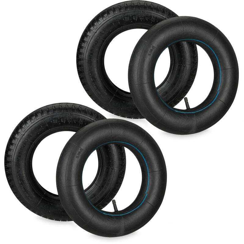 Roue brouette avec chambre à air, lot de 2 pneus rechange 3.50-8 pouces, pneumatiques, jusqu'à 154 kg, noire - Relaxdays