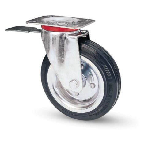 Roue caoutchouc et flasques acier   125x38 mm Art.80/Bis capacite' 100 kg avec roulement a' rouleaux et frein