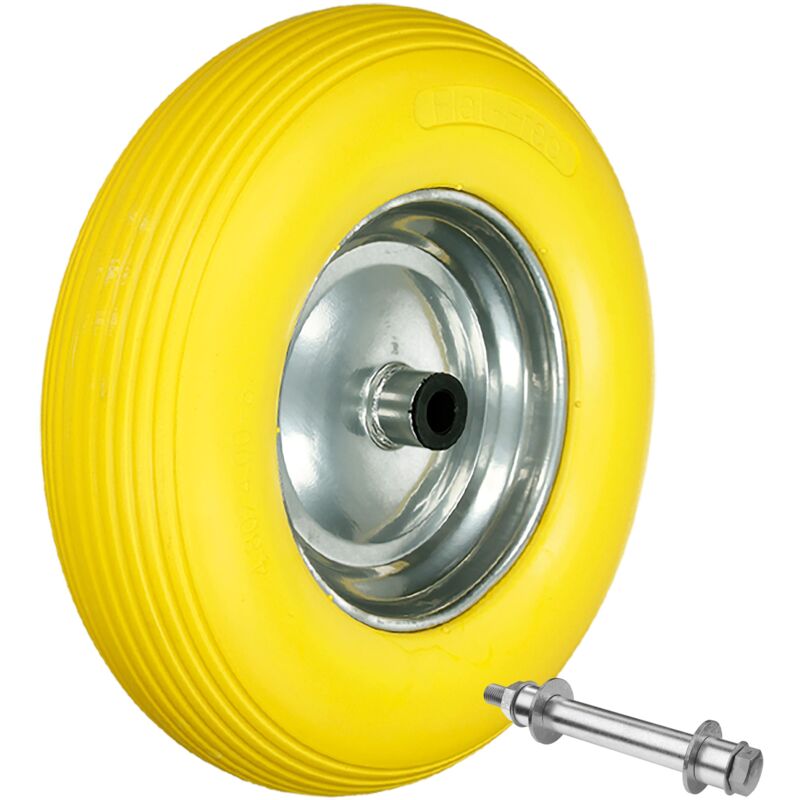 Ecd Germany - 15' Roue de Brouette 4.80 / 4.00-8 - en Caoutchouc Solide pu Increvable - avec Essieu Axe - Diamètre Roue 390 mm - Jaune - Roue de