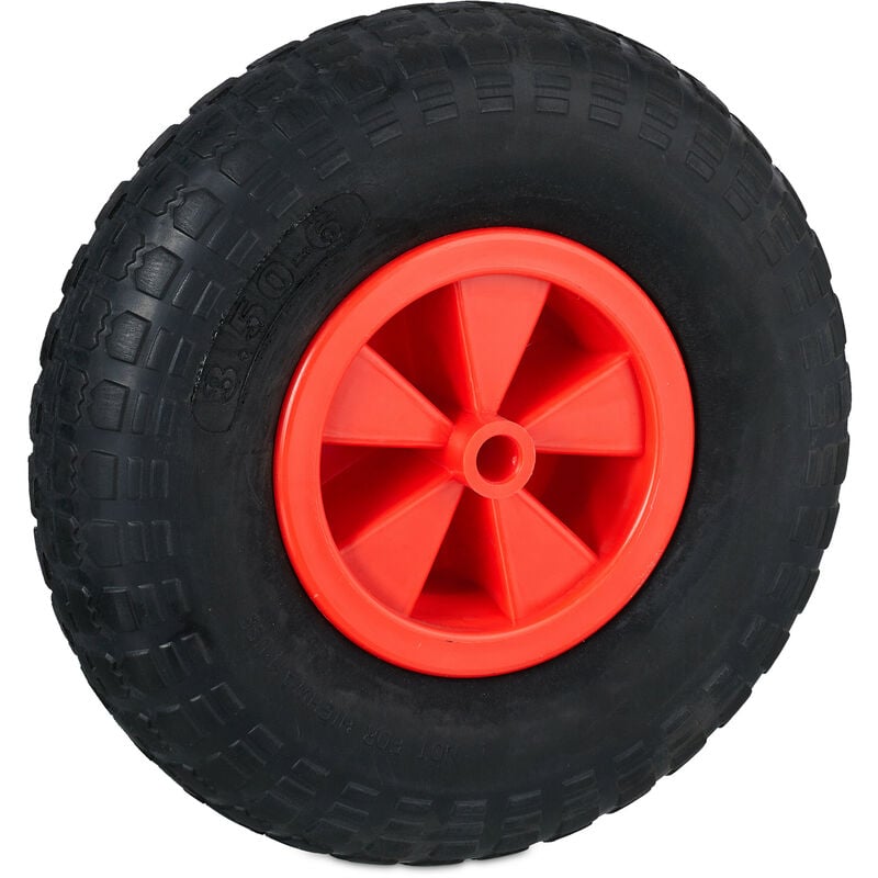 Roue de brouette 3.50-6, caoutchouc, jante en plastique, rechange pour chariot, jusqu'à 100 kg, noir - rouge - Relaxdays