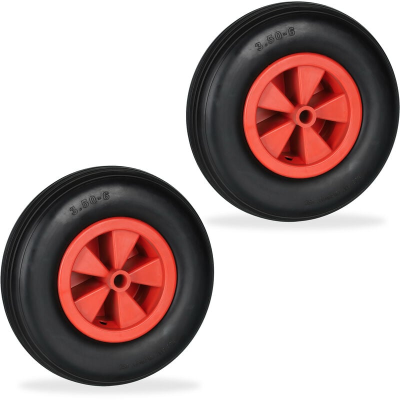 Roue de brouette 3.50-6, lot de 2, caoutchouc, jante en plastique, pour chariot, jusqu'à 100 kg, noir - rouge - Relaxdays