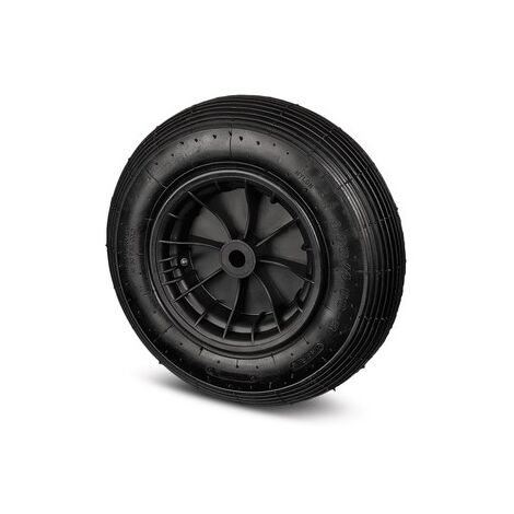 Roue de brouette 400 x 100 mm – Caoutchouc plein – Charge 140 kg – Alésage 25 mm – Pour manutention lourde – Tente