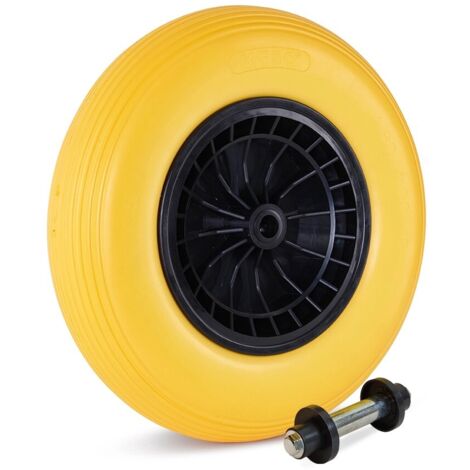 Roue de brouette - MESO - Jaune - 400x8 - PU anti-crevaison, jante plastique, roulement 20mm + axe