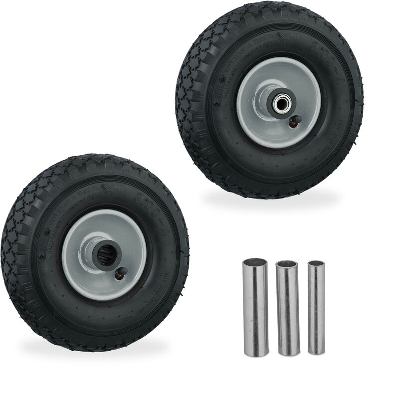 Roue de diable, lot de 2, 3.00-4, pneu, équipement complet, jante en acier, 3 adaptateurs, noir - gris - Relaxdays