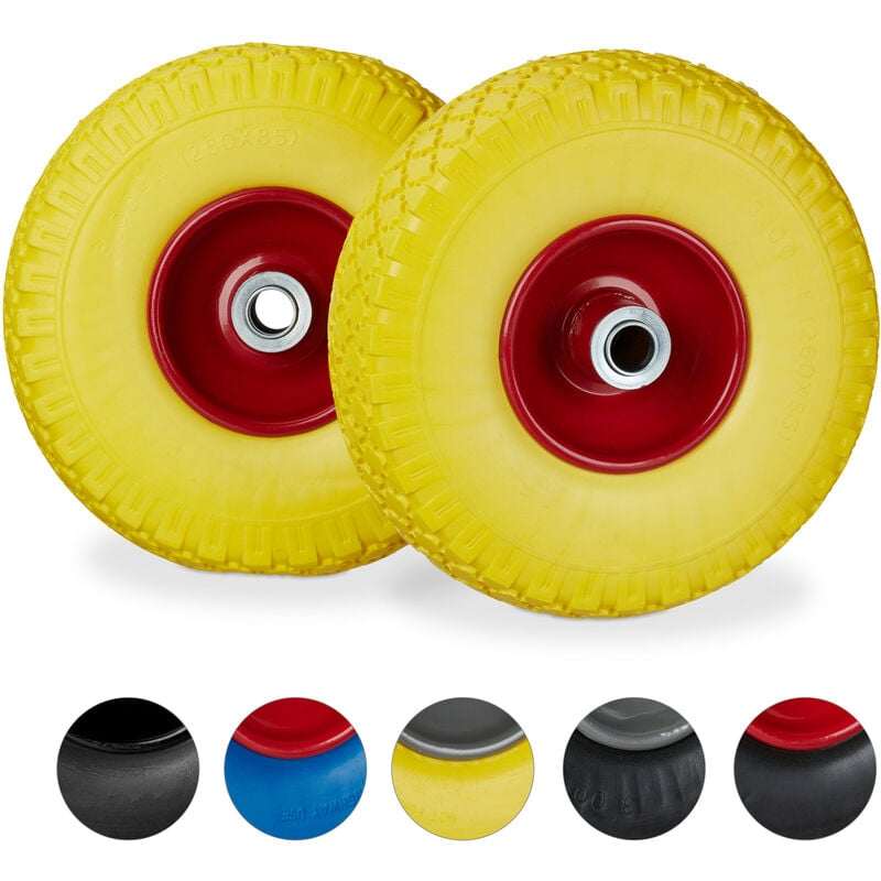 Roue de diable, lot de 2, roues de brouette, en caoutchouc, axe de 20 mm en acier, 3.00-4, 260 x 85 mm, jaune-rouge