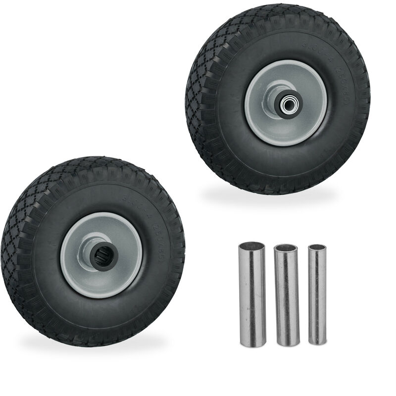 Roue de rechange, lot de 2, 3.00-4, caoutchouc, jante en acier, 3 adaptateurs, rechange brouette, noir/gris - Relaxdays