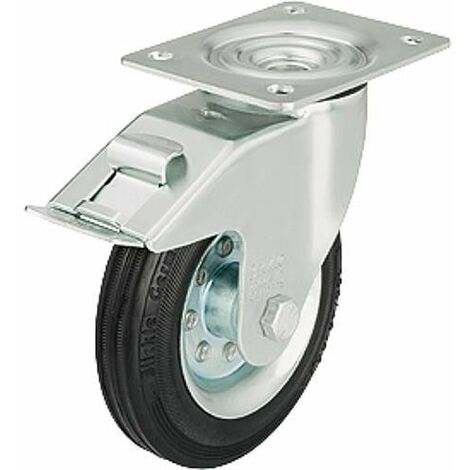 Roue de guidage caoutchouc av blocage LE-VE 200R-FI, charge 205 kg roue diam. 200mm, dim plaque 140x110mm
