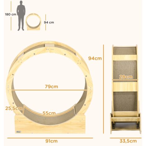Roue d’exercice chat 91cm avec frein sécurité et griffoir, finition chêne