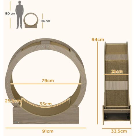 Roue d’exercice chat 91cm, roue de course silencieuse, frein sécurisé, tapis griffoir amovible marron