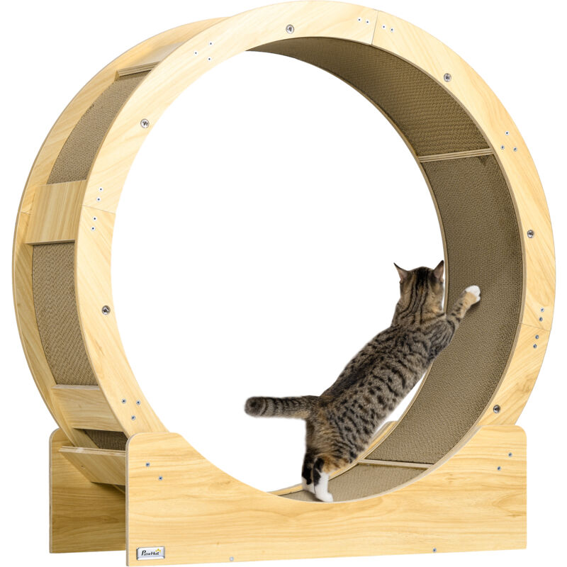 Pawhut - Roue d'exercice pour chat - frein, grattoirs - dim. 91L x 33,5P x 94H cm - aspect bois naturel