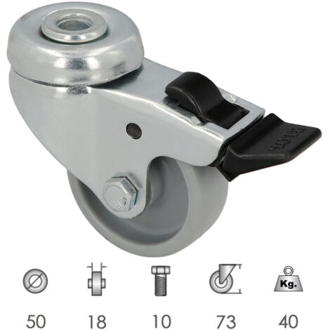 Roue domestique Ø 50 mm. Trou traversant Ø 10 mm. Avec frein