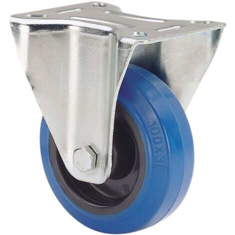 Roue fixe en caoutchouc, avec plaque et axe à rouleaux, bleue, max. charger. 130 kg, ø 12,5 cm