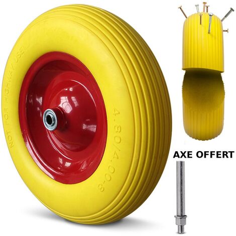 Roue increvable 4.80/4.00-8 – Capacité 260 kg – Axe Ø 16 mm – Roulements à billes pour roulage fluide – Compatible brouettes et chariots – Achat Utile