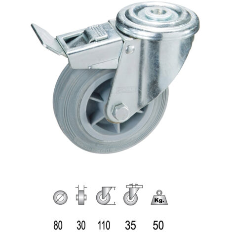 Roue Industrielle Caoutchouc Grise Traversante avec Frein 80mm