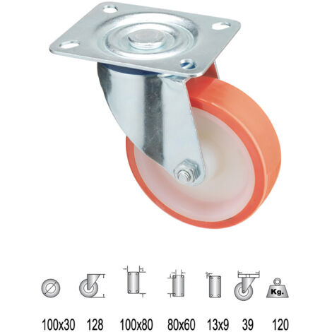 Roue industrielle polyuréthane plaque 100 mm