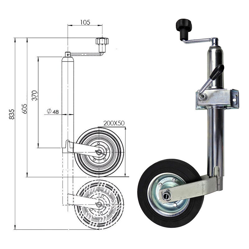 Rapanda - Roue jockey + bride de fixation diam 48mm