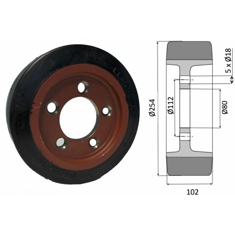 Roue motrice 254 x 102 - 5 trous caoutchouc noir ( Still 425696 )