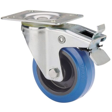 Roue Pivotante En Caoutchouc Avec Plaque, Axe à Rouleau Et Frein, Couleur Bleue, Charge Max. 80 Kg, ø 8 Cm