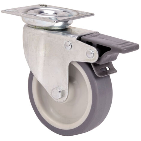 Roue Pivotante En Caoutchouc Avec Plaque, Axe Lisse Et Frein, Couleur Grise, Charge Maximale 40 Kg, ø 5 Cm