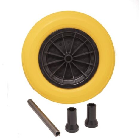 Roue souple increvable jaune Ø360mm – Alésage 20mm – Compatible brouettes Altrad – Jante plastique – Largeur 90mm