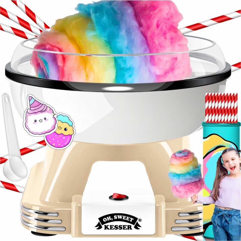KESSER® Kit Barbe à Papa pour la maison - Avec 30x bâtonnets & cuillères à mesurer - Machine à Bonbons Coton Rétro - Machine à Barbe à Papa Crème /