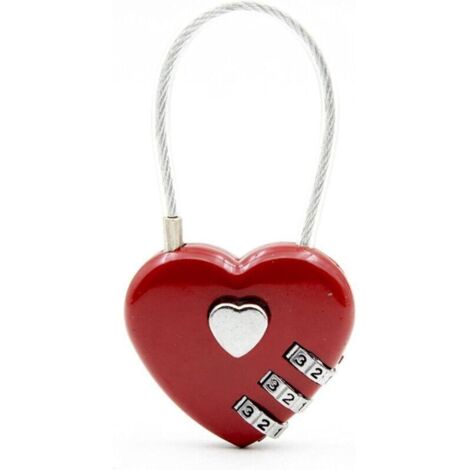 (Rouge) Cadenas coeur Mini serrure à combinaison à 3 chiffres avec serrure à combinaison fil amour pour sac de voyage valise bagages