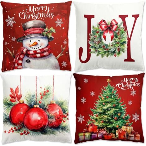 Rouge Housse Coussin Noel - 4pcs Decoration Noel Interieur Maison Housse Coussin Noel 45x45, Taies D'oreiller de Noël en Lin pour Chambre, Canapé, Christmas Decoration, Décoration Noel Intérieur