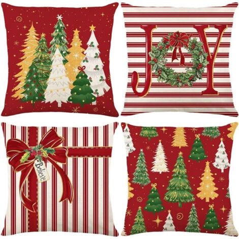 Rouge Housse Coussin Noël - 4pcs Decoration Noel Interieur Maison Housse Coussin Noel 45x45cm, Taies d'oreiller de Noël en Lin pour Chambre, Canapé, Christmas Decoration, Décoration Noel Intérieur