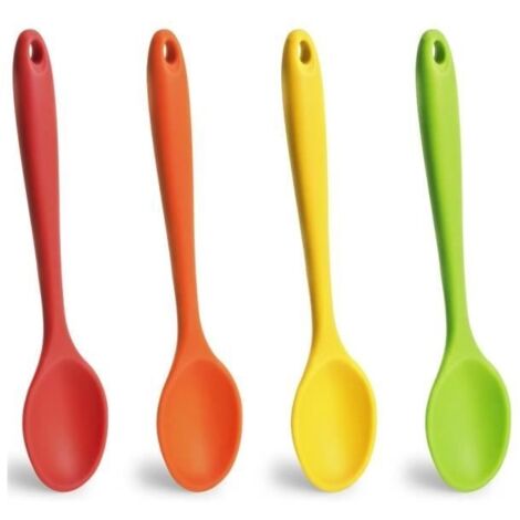 (rouge, orange, vert, jaune)Cuillères en silicone - Lot de 4 - Rouge, Orange, Vert, Jaune - Anti-adhésif - Résistantes à la chaleur