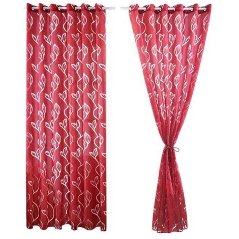 (Rouge)2 Pièces Rideaux Voilage Rouge 100x250 cm avec Motifs de Feuilles Décoration Élégante de Salon Chambre Salle à Manger