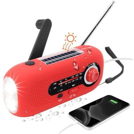 （Rouge）Radio Solaire Portable,Radio Dynamo,Solaire Radio avec Alarme SOS pour Les urgences,Petite Radio,étanche IPX3 Radio,Radio à manivelle AM/FM,Lampe Poche,2000mAh Batterie