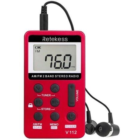 (Rouge)V112 Mini Radio Portable,Poste Radio Portable de Poche,FM AM,Mini Rechargeable Walkman,Réveil,Prise Casque 3,5mm,d'Extérieur,Convient pour la Course à Pied,la Randonnée,Le Camping