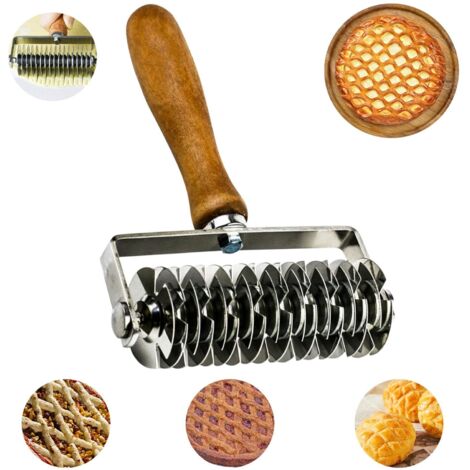 Rouleau à Losange avec Poignée en Bois, Rouleau Coupant à Losanges pour Treillages Rouleau Coupe-pâtes en Acier Inoxydable pour Biscuit, Pain, Gâteau, Pizza, Tarte (13.3  20.5CM)