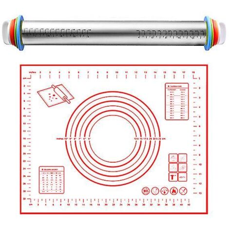Rouleau à pâtisserie ajustable avec tapis de pâtisserie extra large en silicone - Acier inoxydable et réutilisable - Surface antiadhésive avec graduations
