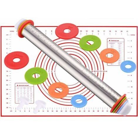 Rouleau à Pâtisserie en Acier Inoxydable,Professionelle Rouleau a Patisserie Ajustable avec 4 Disques Réglables & Tapis de Cuisson en Silicone pour Fondant