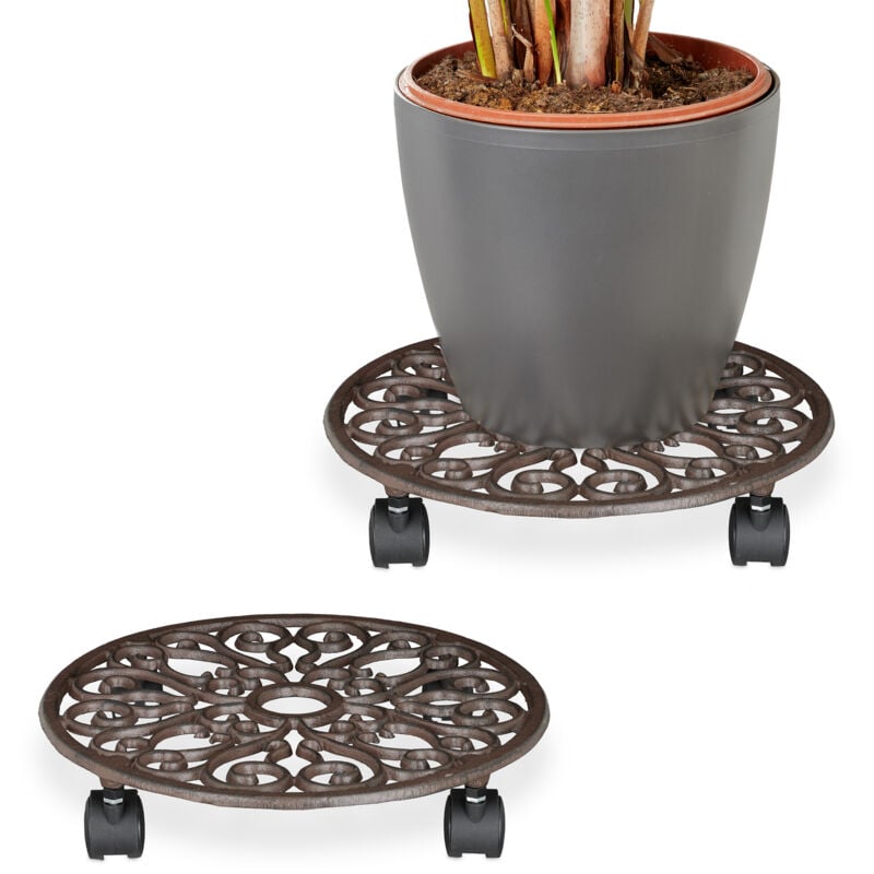 Lot de 2 porte-plantes à roulettes, en fonte, h x d chacun : 7,5 x 34 cm, pour intérieur et extérieur, marron - Relaxdays