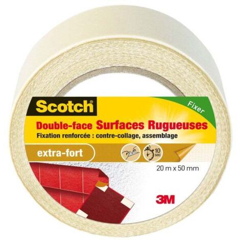 Rouleau adhésif double face 50 mm x 20 m – Fixation extra-forte pour surfaces rugueuses – Polyester marron pour intérieur – Scotch