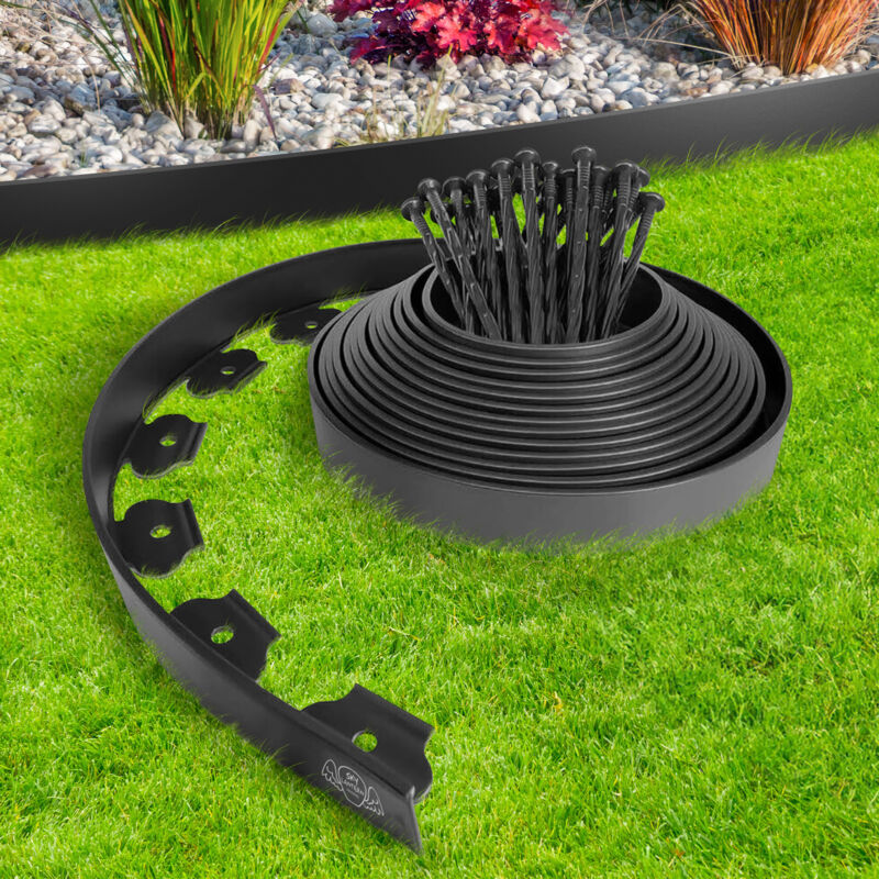 Skylantern - Rouleau Bordure Jardin Exterieur 10M en Plastique Noir avec 30 Piquets - Bordure de Jardin Flexible,Résistante aux Intempéries, Idéale
