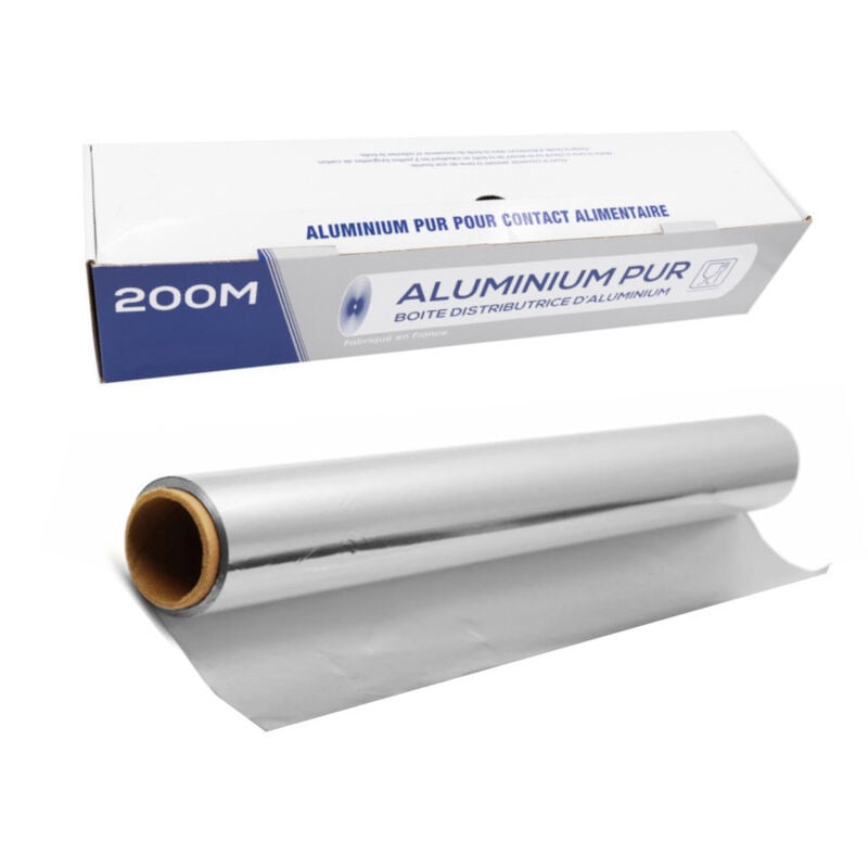Rouleau d'Aluminium Alimentaire avec Boîte Distributrice - 200 m x 44 cm, Épaisseur 10/11 microns, Conforme aux normes alimentaires, Pratique et