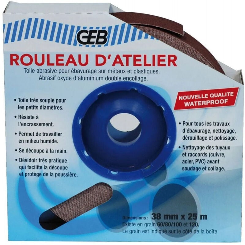 GEB - Rouleau toile abrasive grain 80 qualité Waterproof - largeur 38mm x 25ml