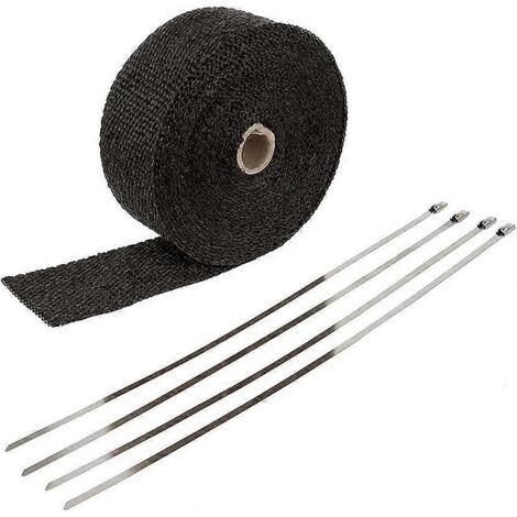 Rouleau de 5 cm x 10 m de bande thermique d'échappement pour moto, en fibre de verre, avec 4 attaches en acier inoxydable. (Noir)