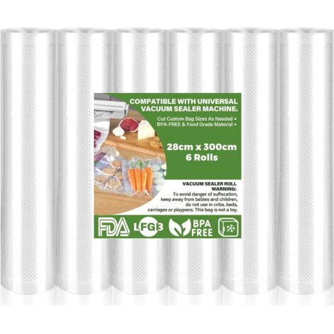 Rouleau de 6 sacs sous vide 28 x 300 cm, compatibles avec toutes les machines à emballer sous vide, sans BPA