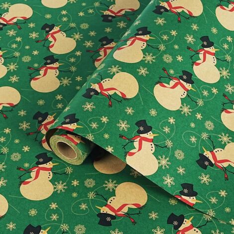 Rouleau de papier cadeau de Noël vert, 17 pouces x 33 pieds, motif flocons de neige, joli papier cadeau kraft de Noël.