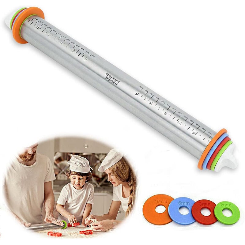 Jormftte - Rouleau à pâtisserie réglable en acier inoxydable de 17 pouces pour ajuster l'outil de pétrissage de pâte de bâton de farine d'échelle