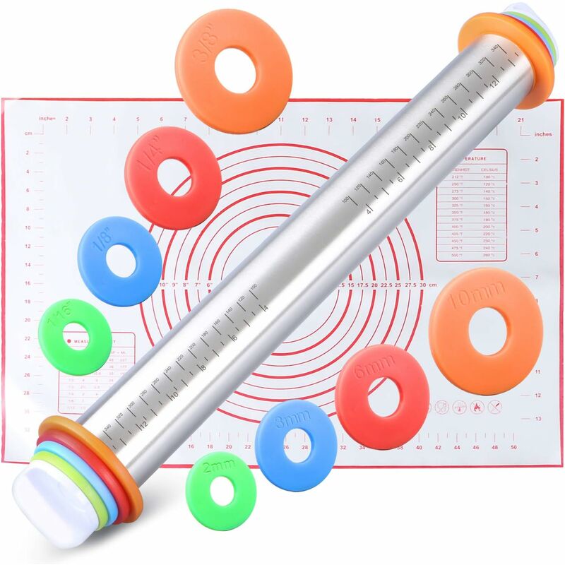 Rouleaux à patisserie antiadhésifs réglables avec disques réglables et marquage de Mesure + Tapis de Cuisson en SiliCône pour patisserie à Rouler